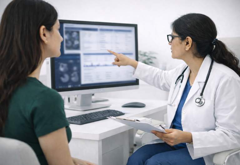 Gynecologist reviewing medical reports with patient during specialized consultation in Bangalore